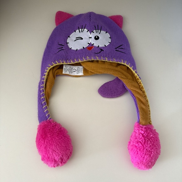 Child One Size Flipeez Cat Winter Beanie Hat Flip Tail Purple Fleece Lined EUC - Picture 1 of 6